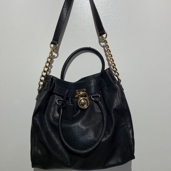 Michael Kors Hamilton Womens Black Chain Strap Leather Tote Bag Size Large - Picture 2 of 11